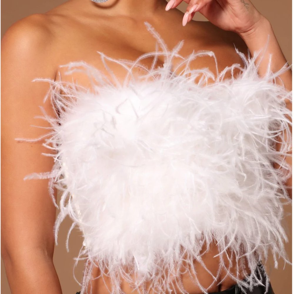 White Feather Strapless Crop Top